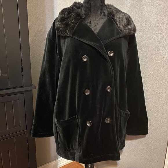 Liz Claiborne Double Breasted  Velvet Coat Medium Black Faux Fur Collar Jacket - Picture 1 of 7